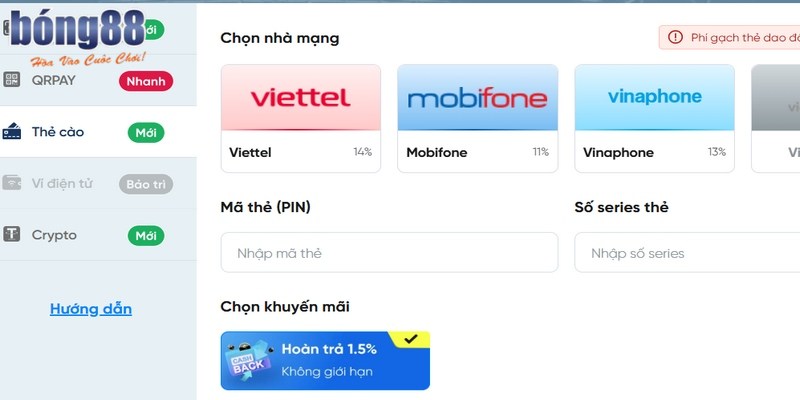 Quy trình nạp tiền BONG88 chi tiết chỉ 3 phút